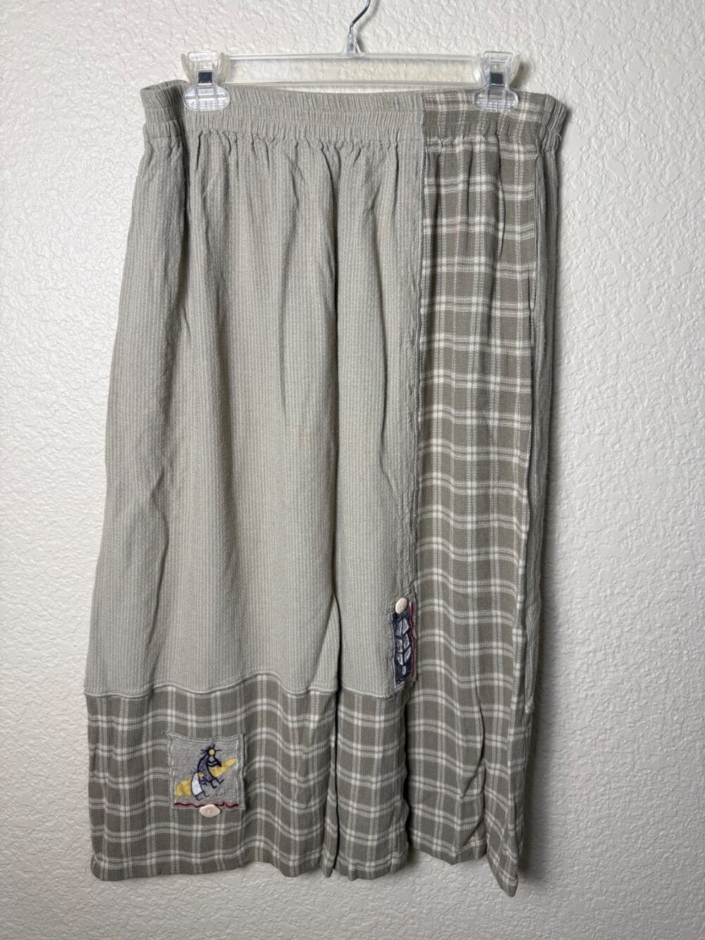 Vtg 90's Kokopelli Skirt Boho Plaid Patchwork Appliqué Size 1X Rayon Sage Green